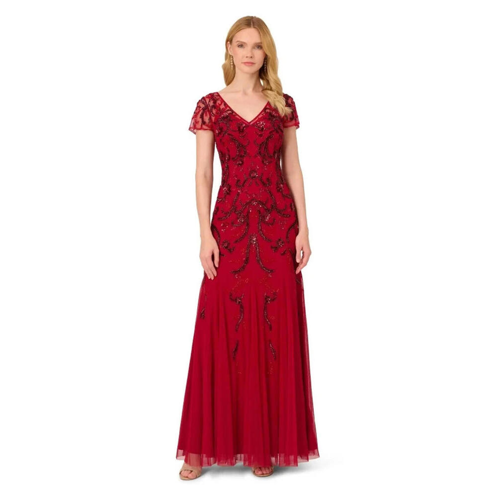 $400 Adrianna Papell Beaded Gown sz 4 Oscar Gala Prom Cranberry NWT Cap Sleeve